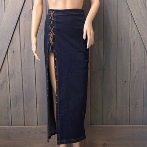 Vintage Stretch Denim Maxi Skirt with High Slit Lace-Up Detail